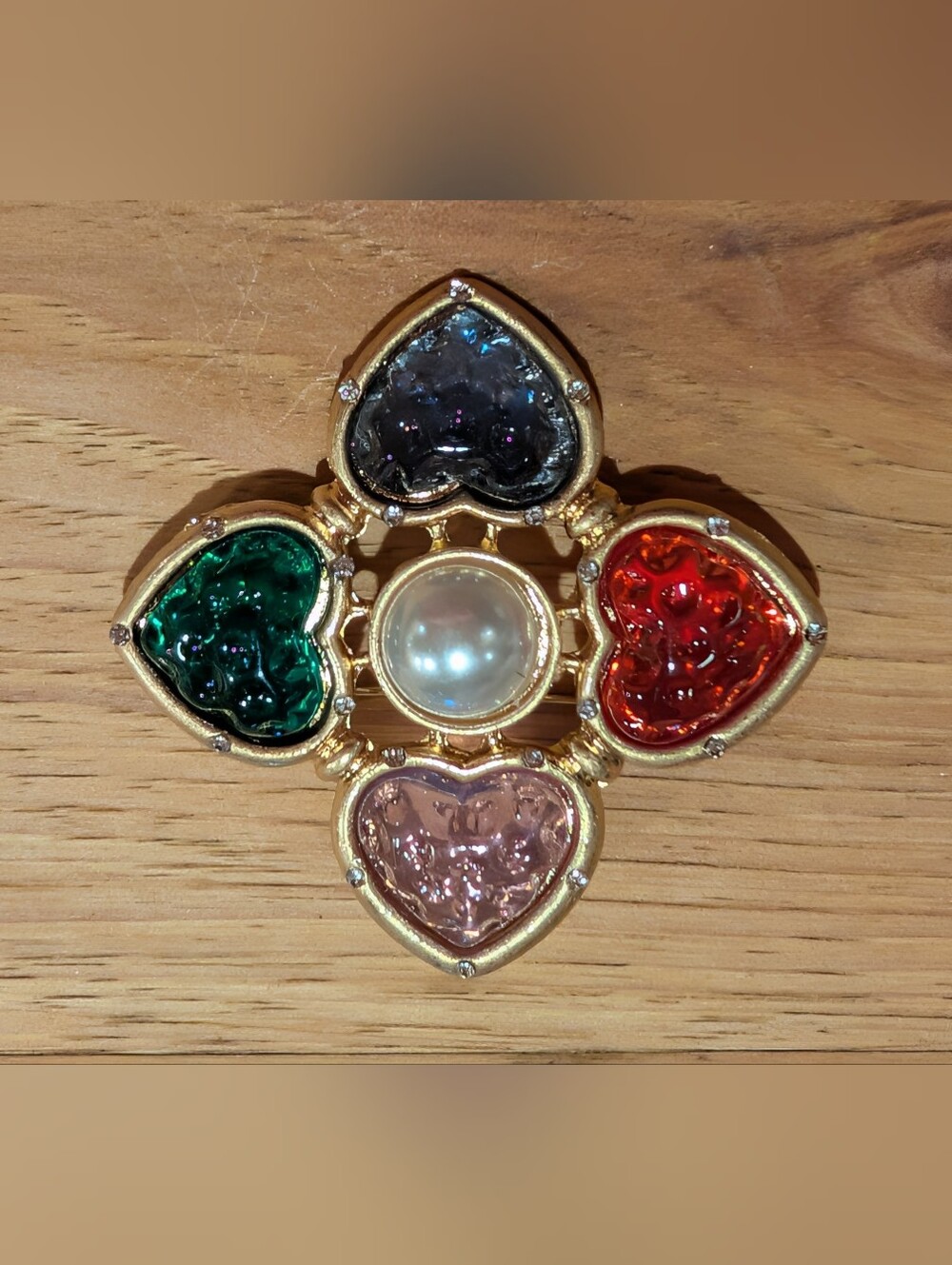 Gold-Tone Multicolor Heart Pendant with Pearl Center